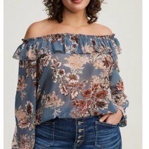 Torrid Floral Ruffle Off-Shoulder Blouse - Blue and Brown
